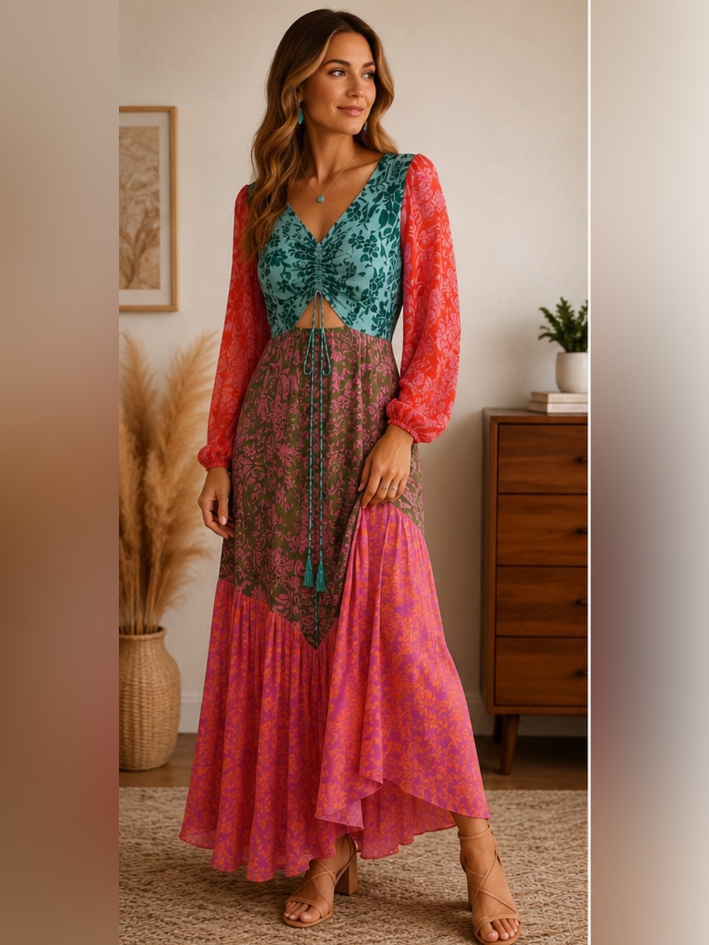 FARM Rio Teal, Coral & Pink Floral Patchwork Maxi Dress